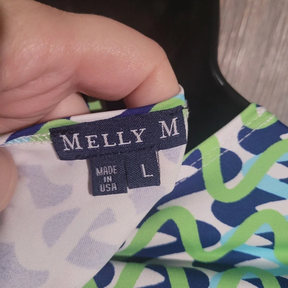 Melly M Geometric Resortwear Dress Size Large Green/Blue Cooling Stretch 3/4 Slv - Picture 8 of 9